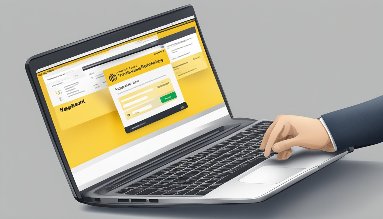 A laptop displaying the Maybank internet banking website. A hand hovers over the keyboard, ready to input information. The screen shows a seamless transaction process