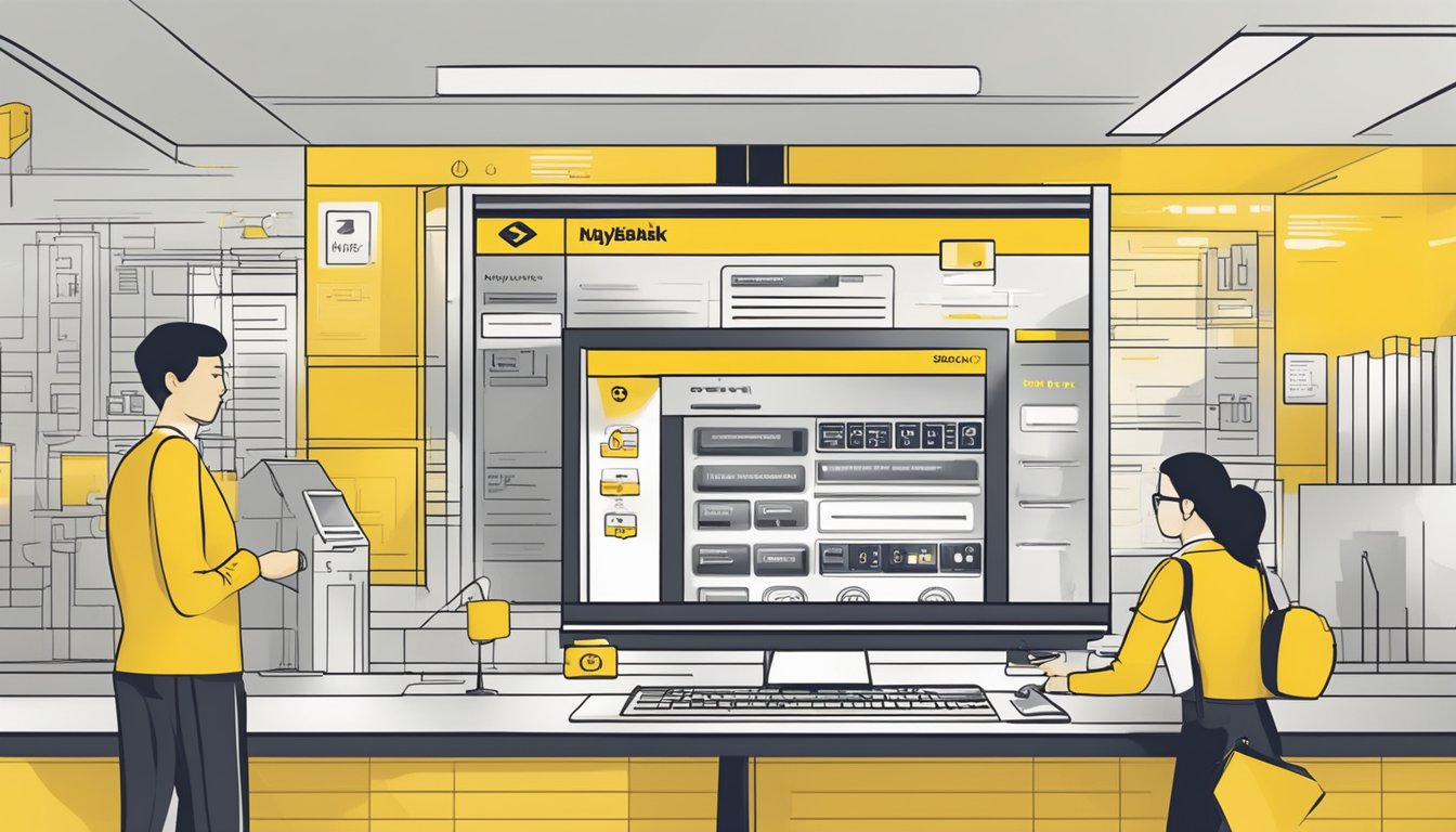 Maybank internet banking in Singapore shows enhanced security features. Multiple layers of protection, encryption, and secure login methods are displayed