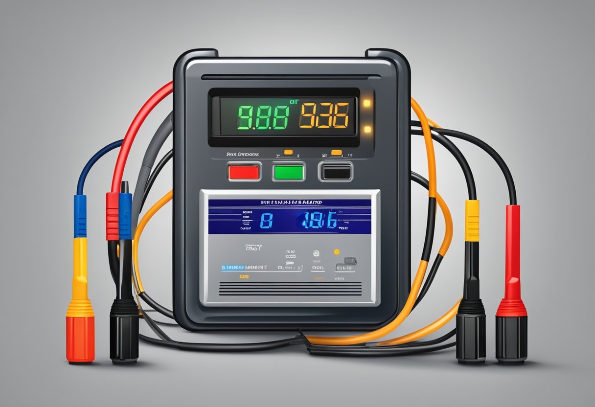 A car battery with visible amp readings displayed on a digital meter, surrounded by cables and tools