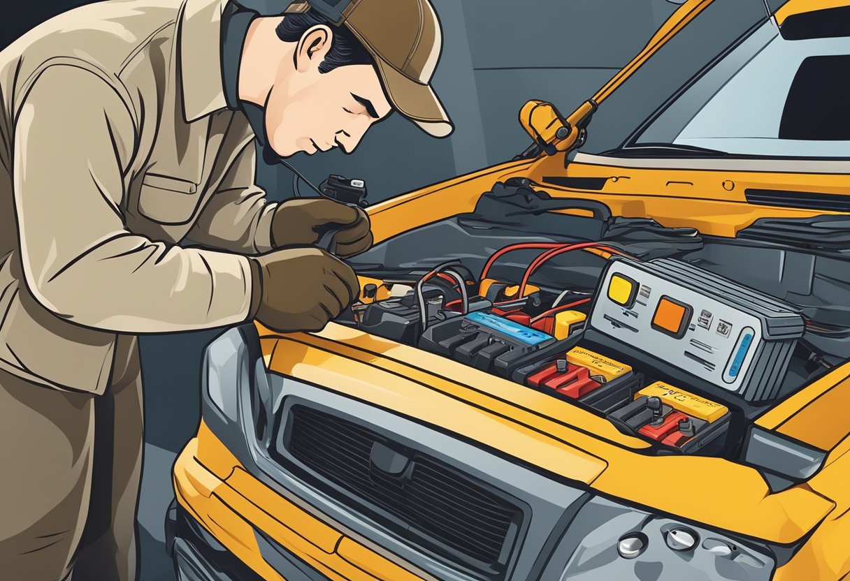 A mechanic tests car battery amps with a multimeter. Labels show the battery's cold cranking amps and reserve capacity. The mechanic selects the right battery for the vehicle