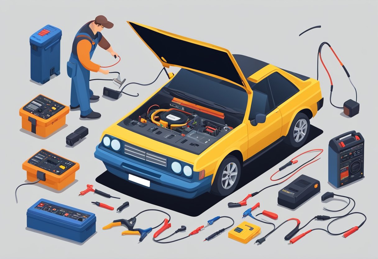 An open car hood with a battery and amplifier inside. A mechanic holding a multimeter, checking the voltage. Tools and maintenance items scattered around
