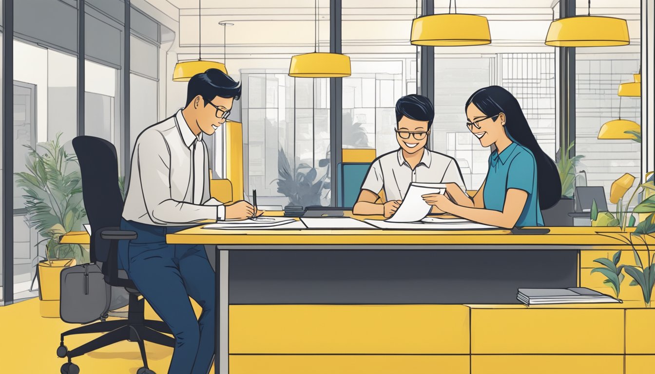 A couple sits at a desk, signing paperwork to open a Maybank Joint Account in Singapore. The bank representative smiles as they complete the process