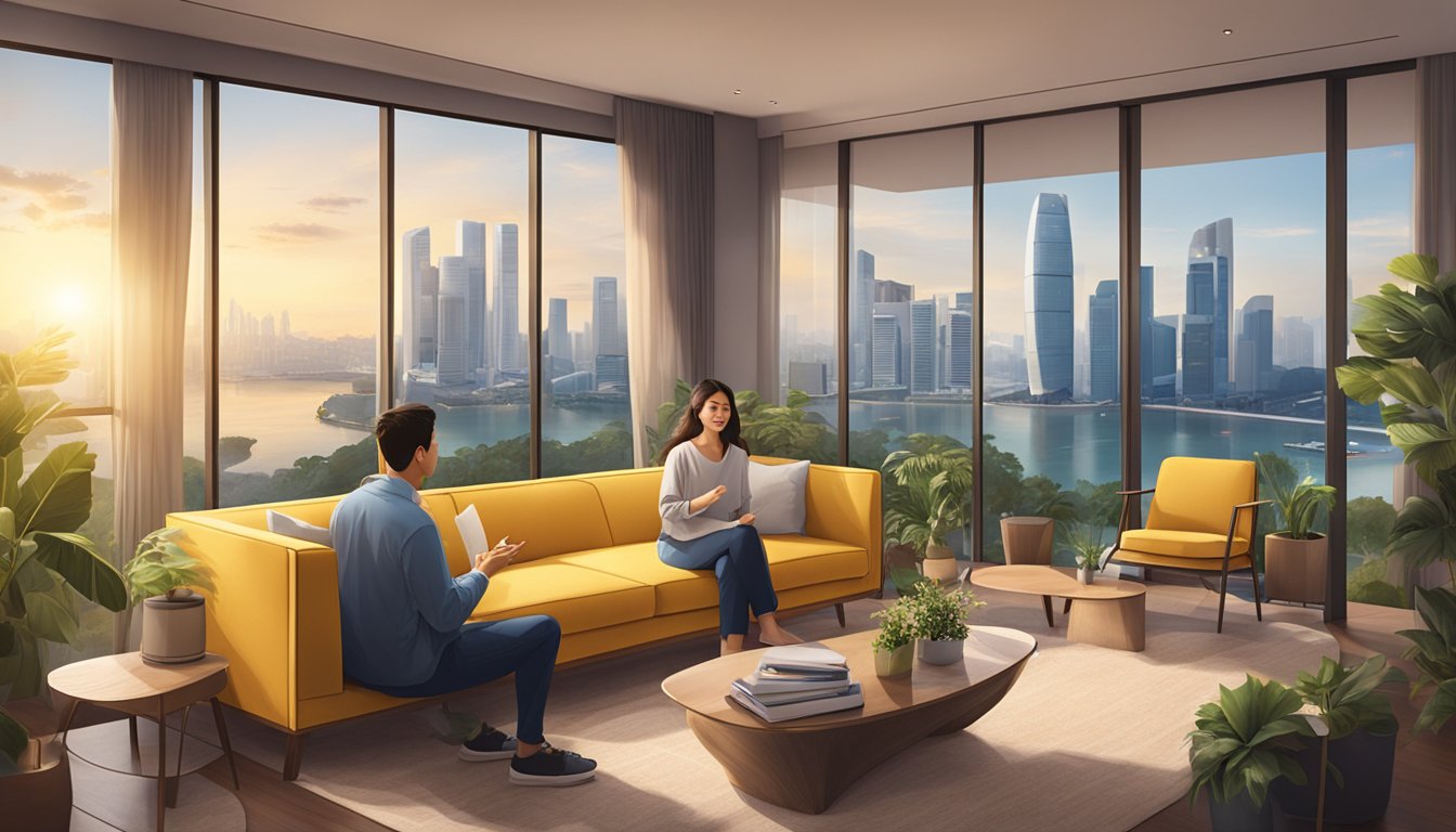 A couple discussing the features and benefits of a Maybank joint account in a cozy living room with a view of the Singapore skyline