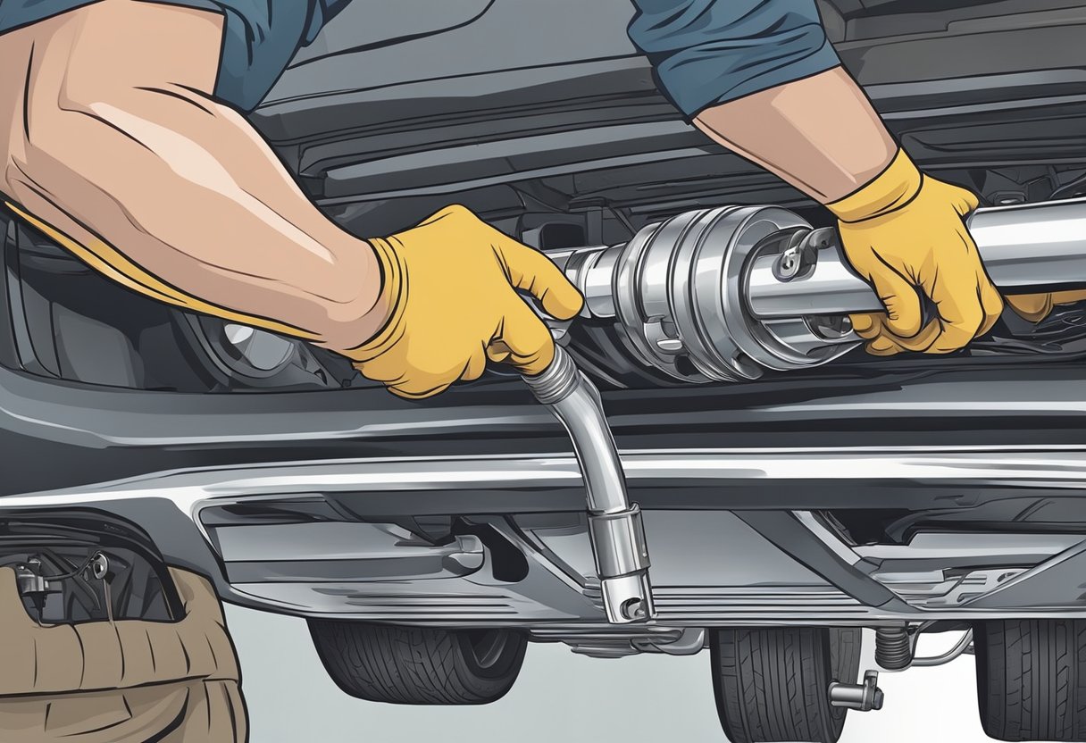 A mechanic is removing a damaged flex pipe from a car's exhaust system, using a wrench to loosen the clamps and carefully sliding the pipe out from under the vehicle