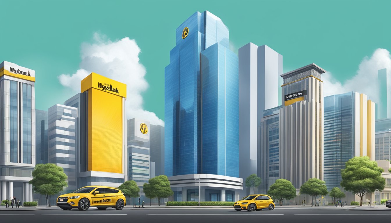 Two banks stand side by side, one towering over the other. The logos of Maybank and a competitor are prominently displayed on the buildings