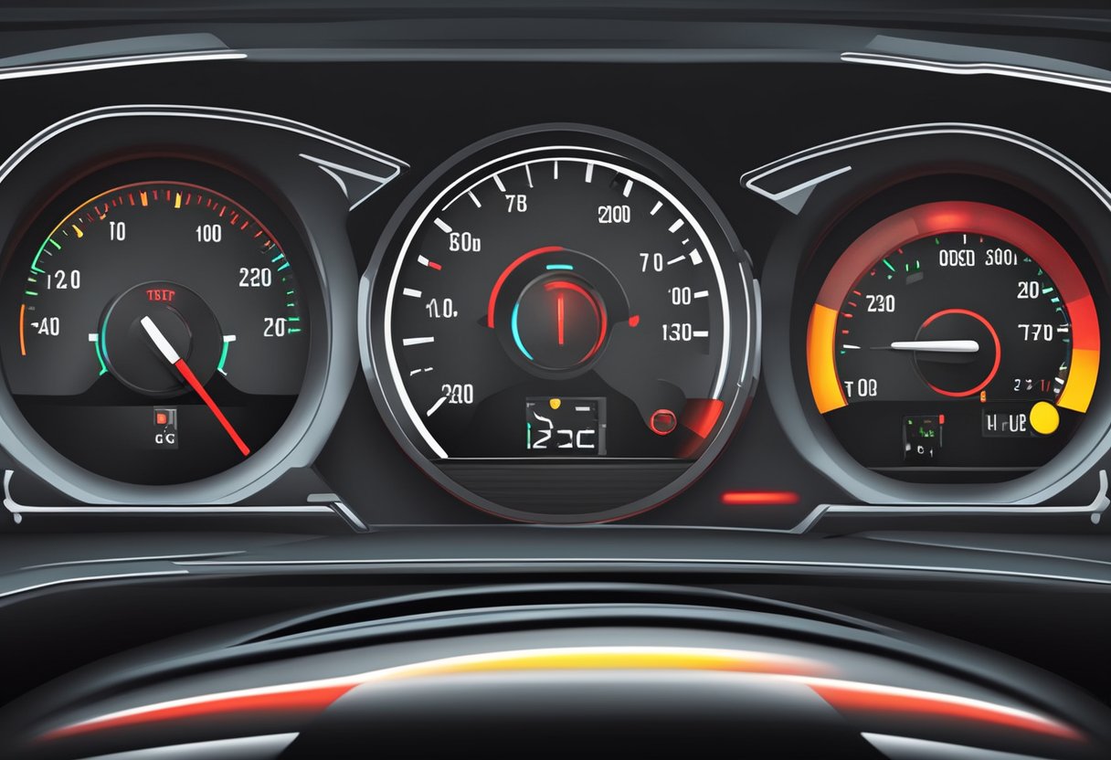 A car dashboard with a temperature gauge in the red zone and a warning light illuminated
