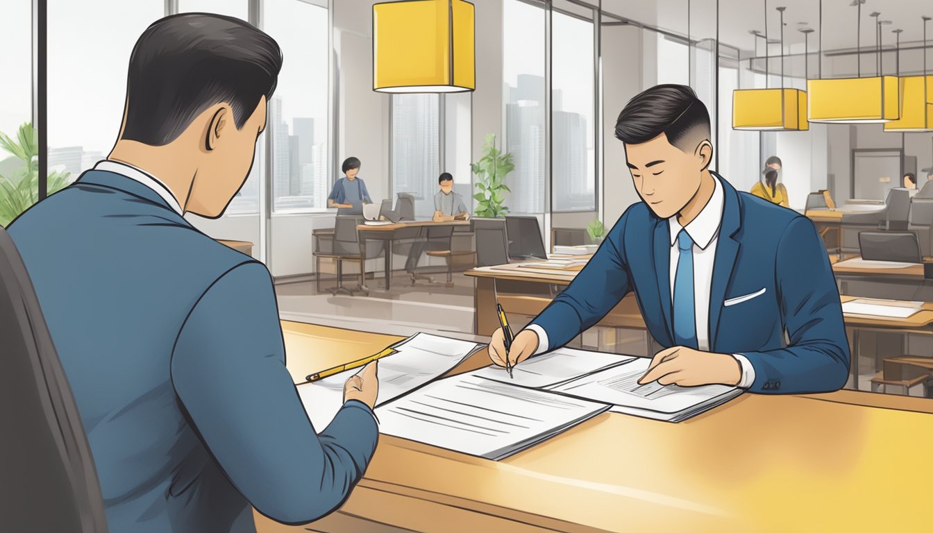 A person signing a loan agreement at a Maybank branch in Singapore. The bank officer handing over the documents with a pen on the table