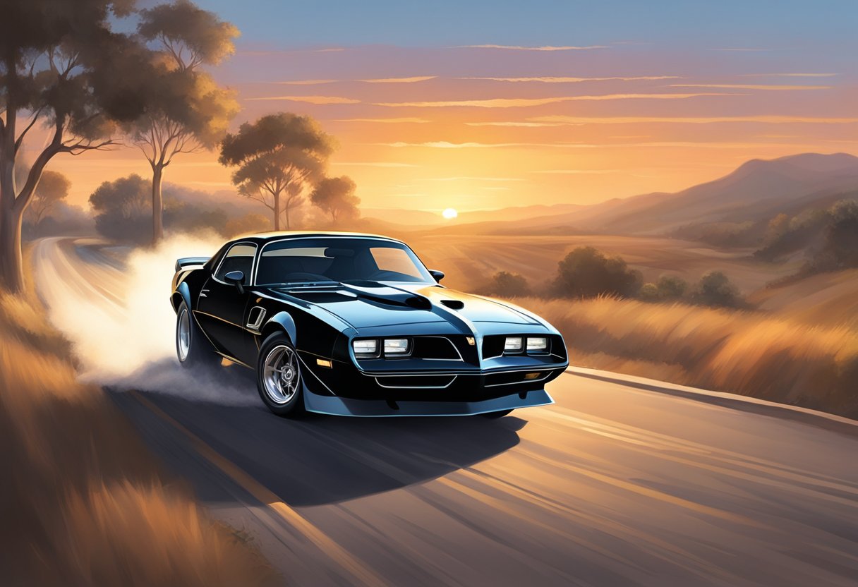 A sleek black Trans Am speeds down a winding country road, leaving a trail of dust in its wake. The sun sets in the distance, casting a warm glow over the iconic car