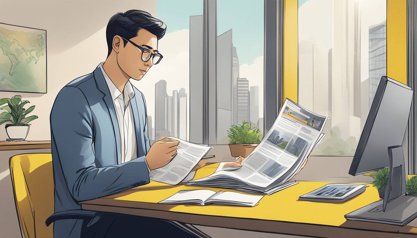 A person sitting at a desk, reading through a brochure about Maybank loans in Singapore. The person looks engaged and interested in the information presented