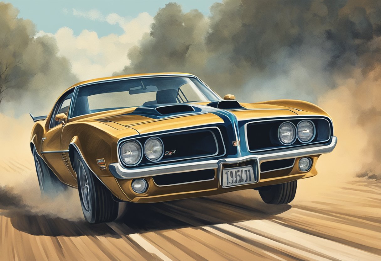 A vintage Trans Am speeds down a dusty road, leaving a trail of tire marks as onlookers gaze in admiration