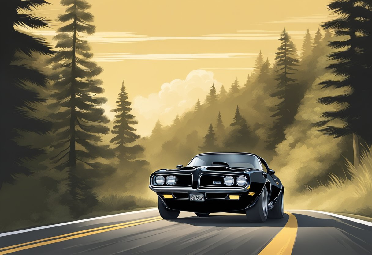 A sleek black Trans Am speeds down a winding country road, evoking the spirit of the classic film "Smokey and the Bandit."