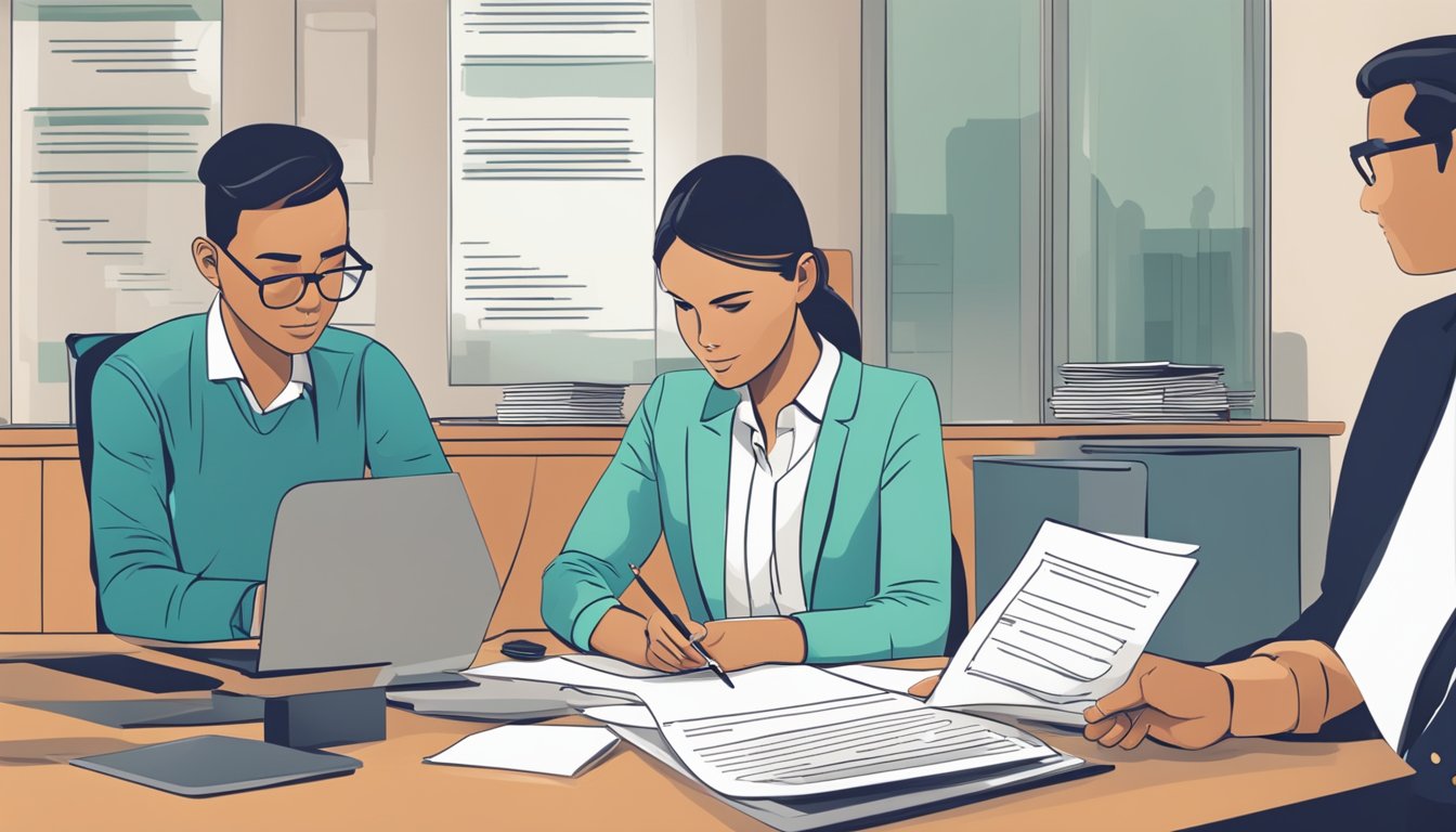 A person sitting at a desk, filling out a loan application form with a pen, while a bank representative looks on and provides assistance