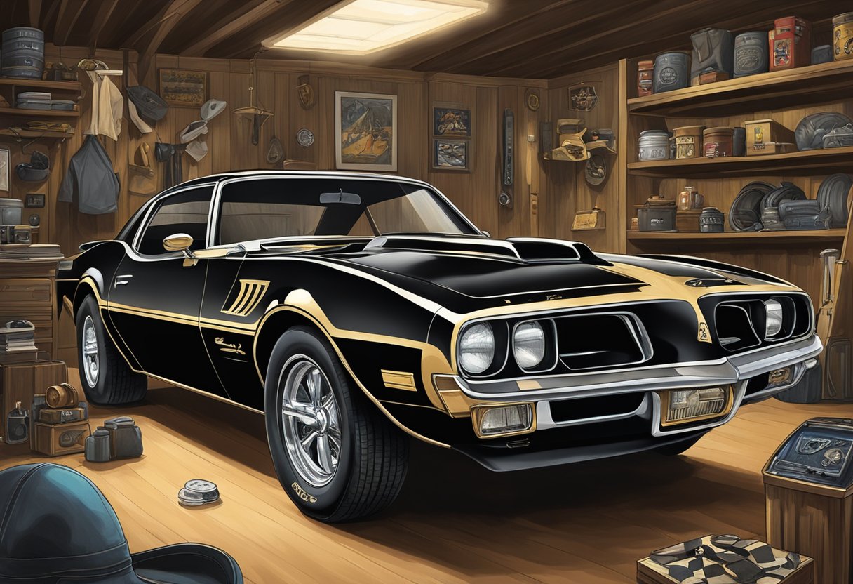 A vintage black and gold Trans Am sits in a dimly lit garage, surrounded by memorabilia and collectibles from the iconic film "Smokey and the Bandit."