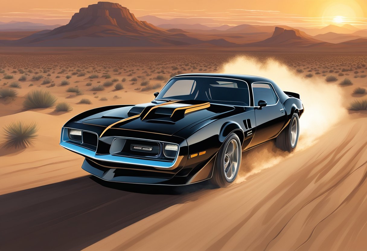 A sleek black Trans Am speeds through a desert landscape, leaving a trail of dust in its wake. The sun sets behind the car, casting a warm glow over the iconic vehicle