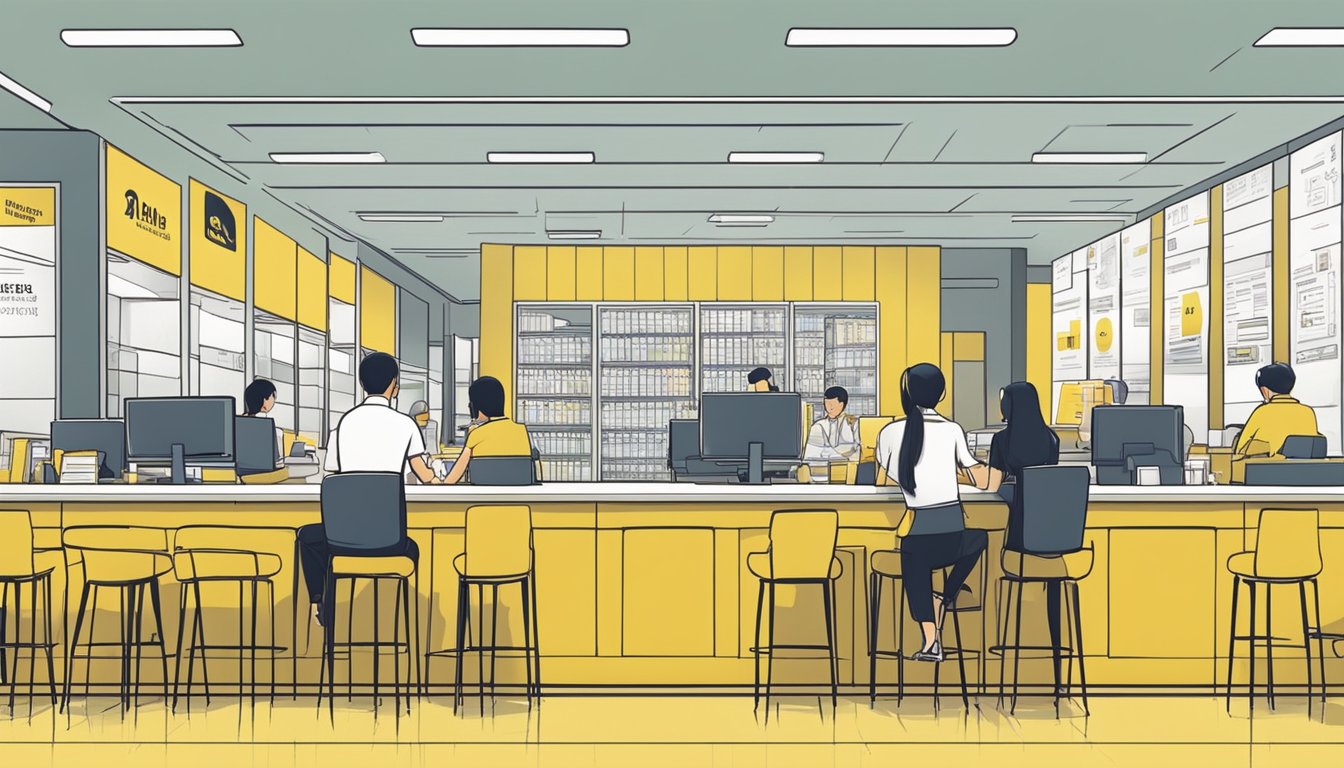A borrower carefully reviews loan terms at a Maybank branch in Singapore. Tables and chairs fill the space, with a friendly staff member assisting