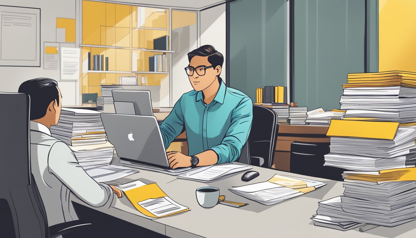 A person sitting at a desk, surrounded by financial documents and a computer, discussing Maybank loans with a bank representative