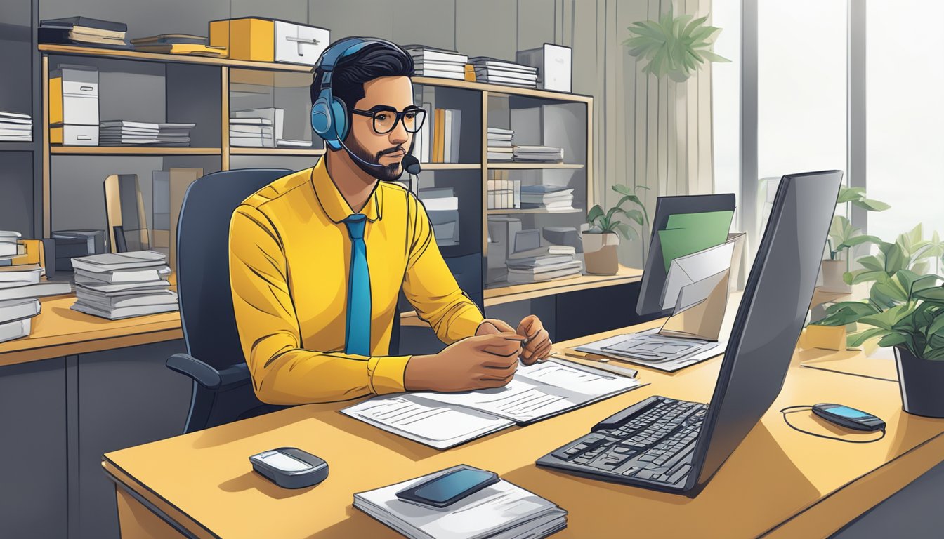 A customer service representative at Maybank Singapore answers frequently asked questions about loans, sitting at a desk with a computer and phone