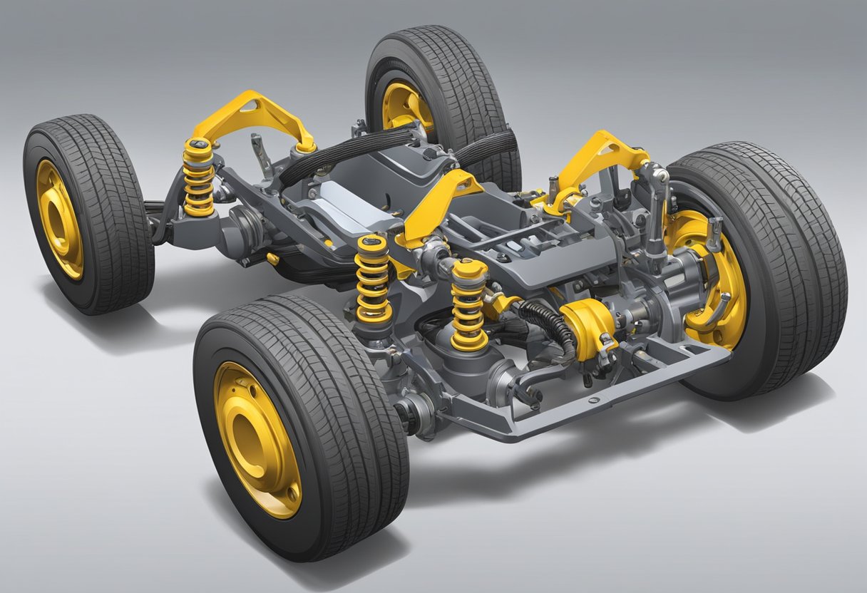 The front-end suspension system consists of control arms, ball joints, and shock absorbers. The control arms connect the wheels to the chassis, while the shock absorbers dampen the impact of bumps on the road