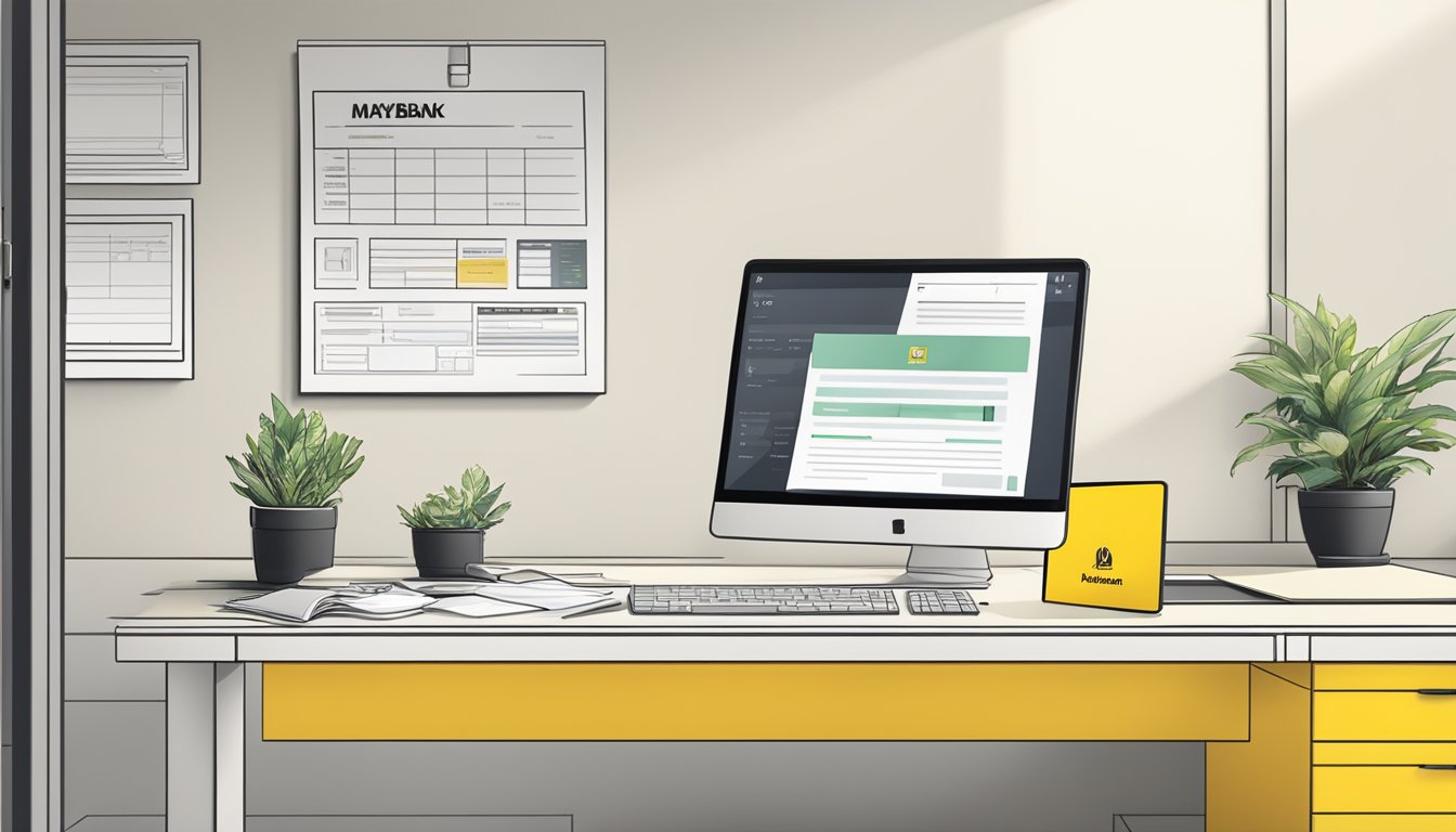 A modern office setting with a computer screen displaying the Maybank logo and a business account application form open on the desk