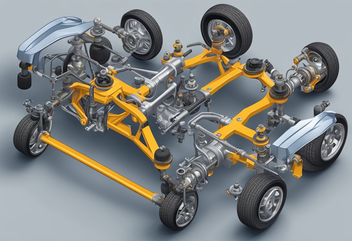The front-end suspension system of a car, with its various components such as the control arms, ball joints, and shocks, working together to provide stability and smooth handling on the road