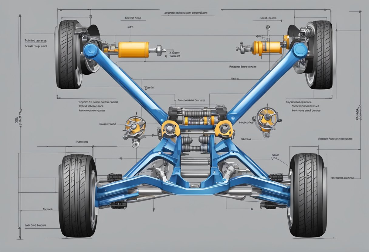 The front-end suspension system of a car, with its various components such as the control arms, struts, and sway bars, working together to absorb shocks and maintain stability on the road