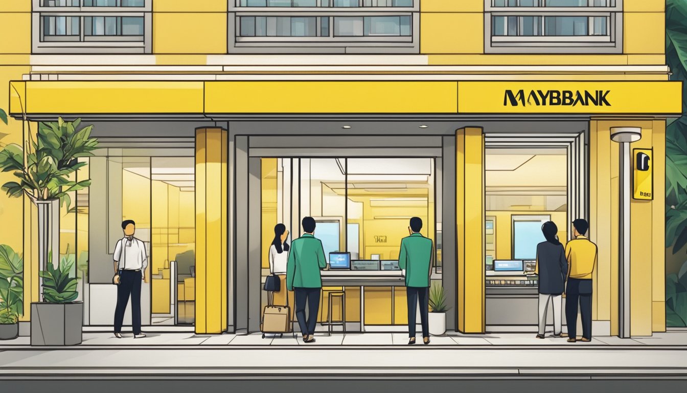 A bright and modern bank branch in Singapore, with a sign that reads "Frequently Asked Questions: Maybank Open Business Account."