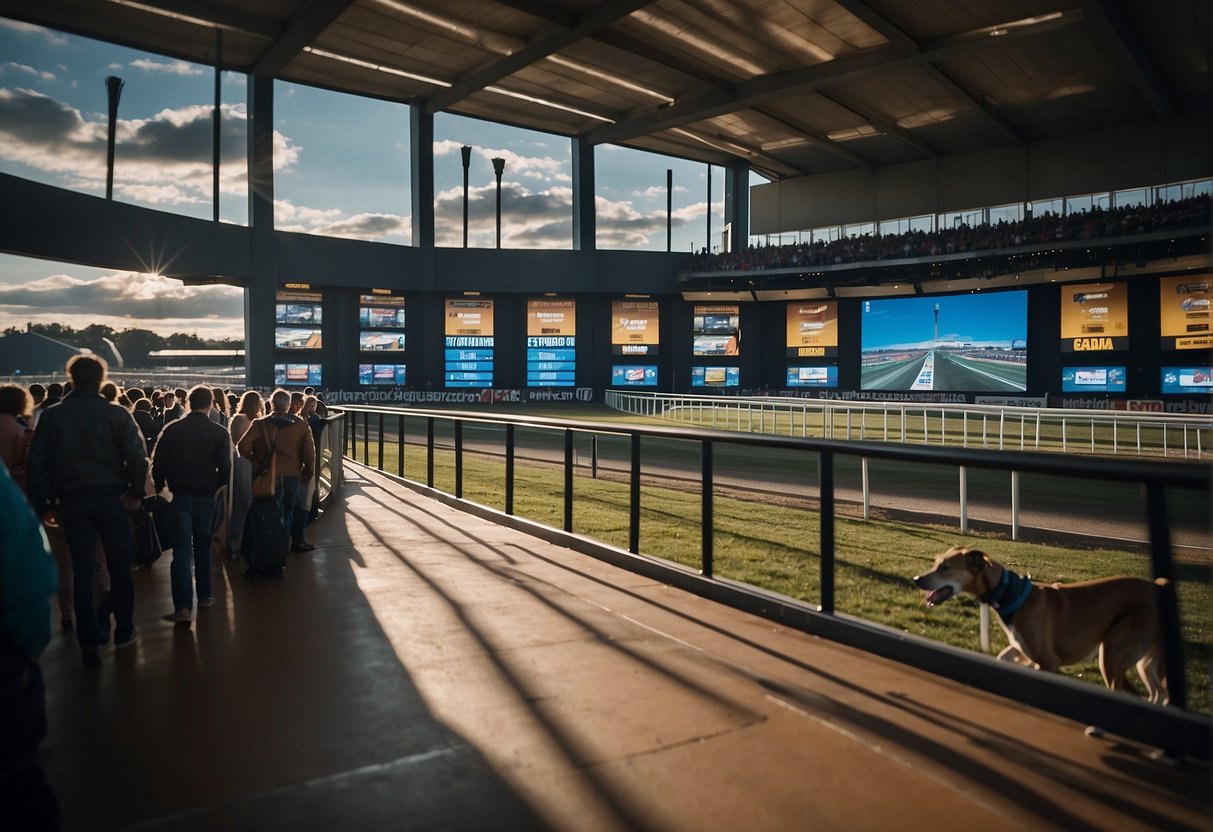 Greyhound racing track with excited spectators, betting booths, and digital screens displaying odds