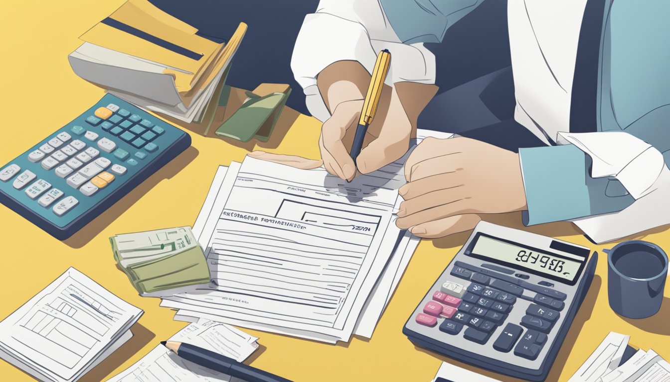 A person sitting at a desk, filling out paperwork for a Maybank personal loan in Singapore. The desk is cluttered with financial documents and a calculator