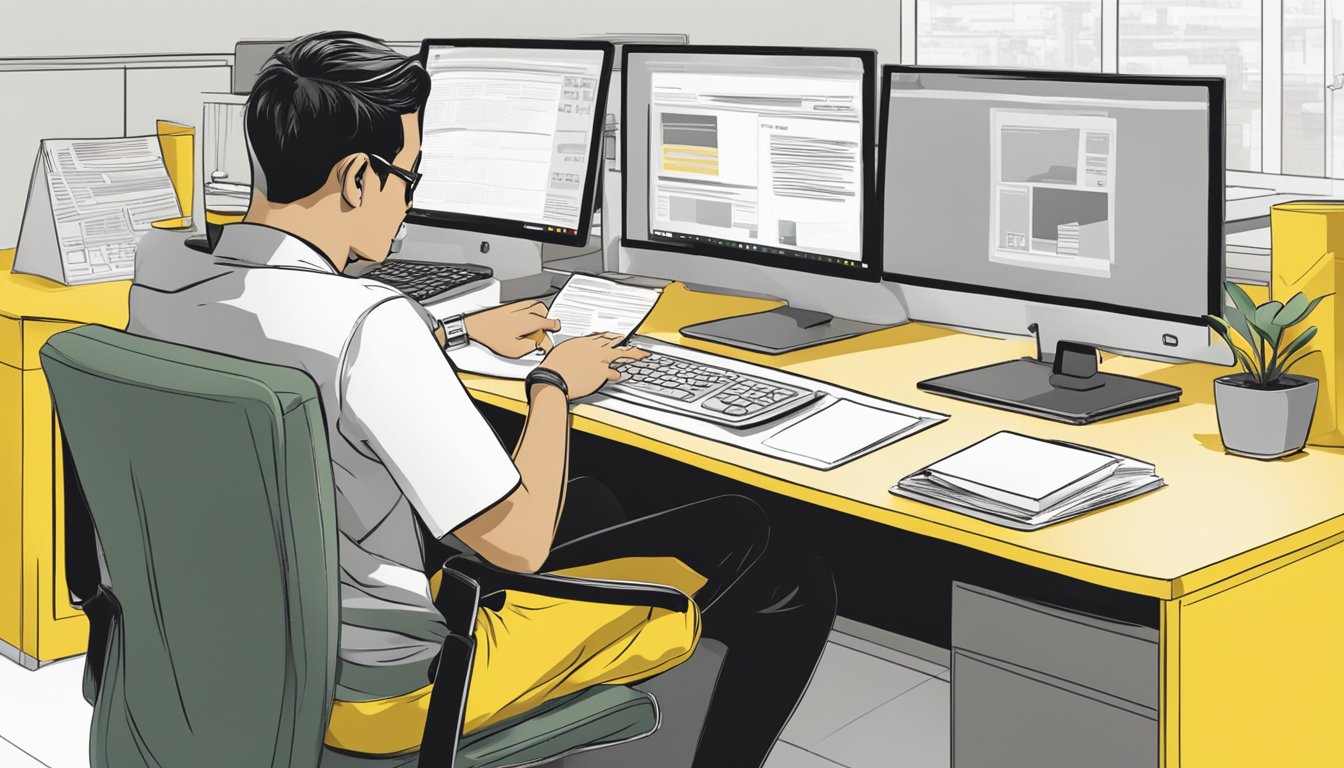 A person sitting at a desk, reading through paperwork with the Maybank logo, while a computer screen displays information about Maybank personal loans