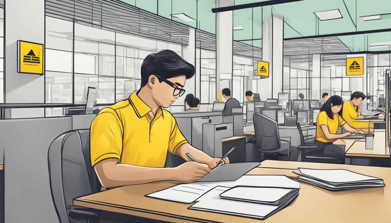 A person filling out a loan application form at a Maybank branch in Singapore