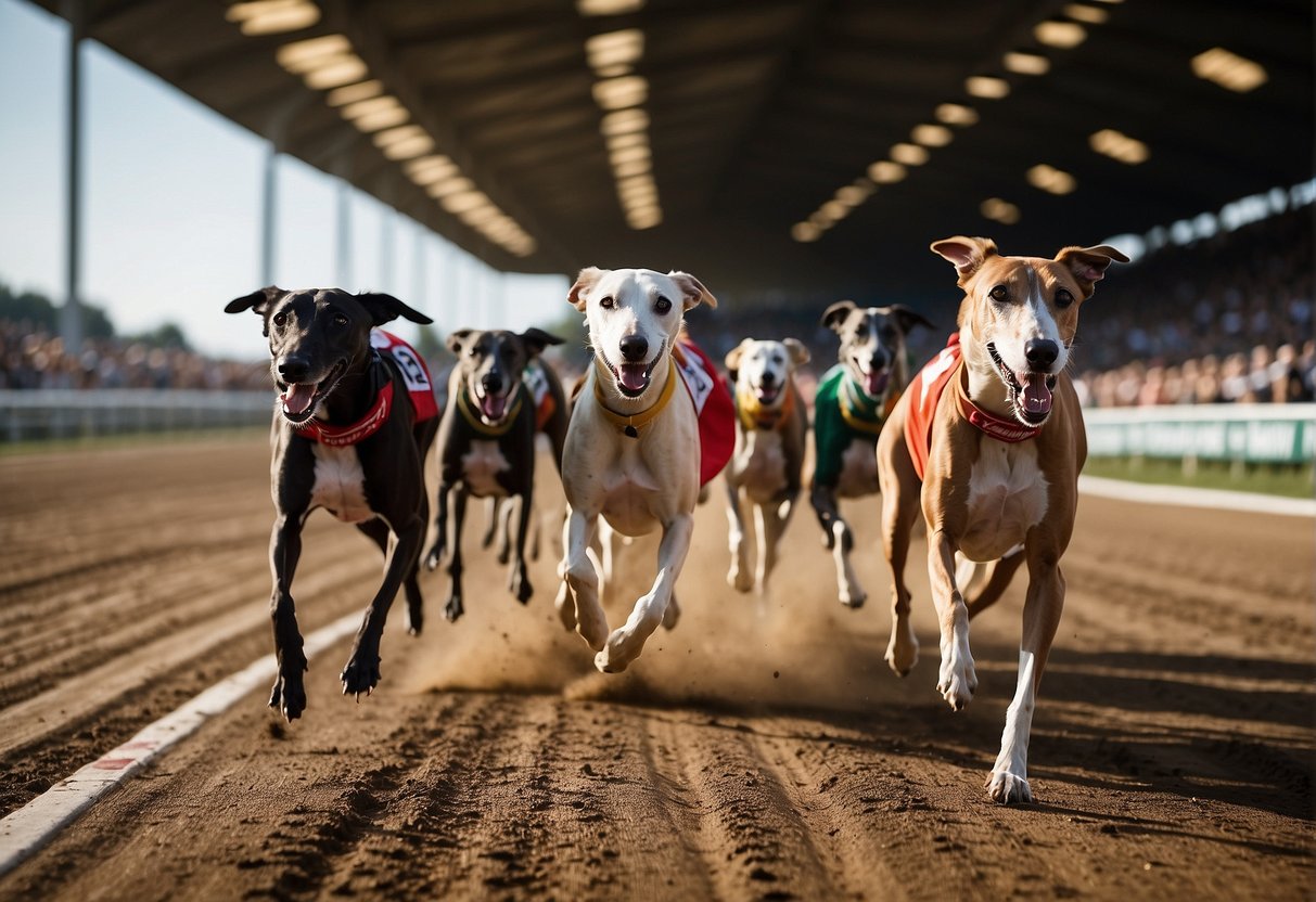 Greyhounds race around a track, spectators cheer, and odds are displayed on a digital board