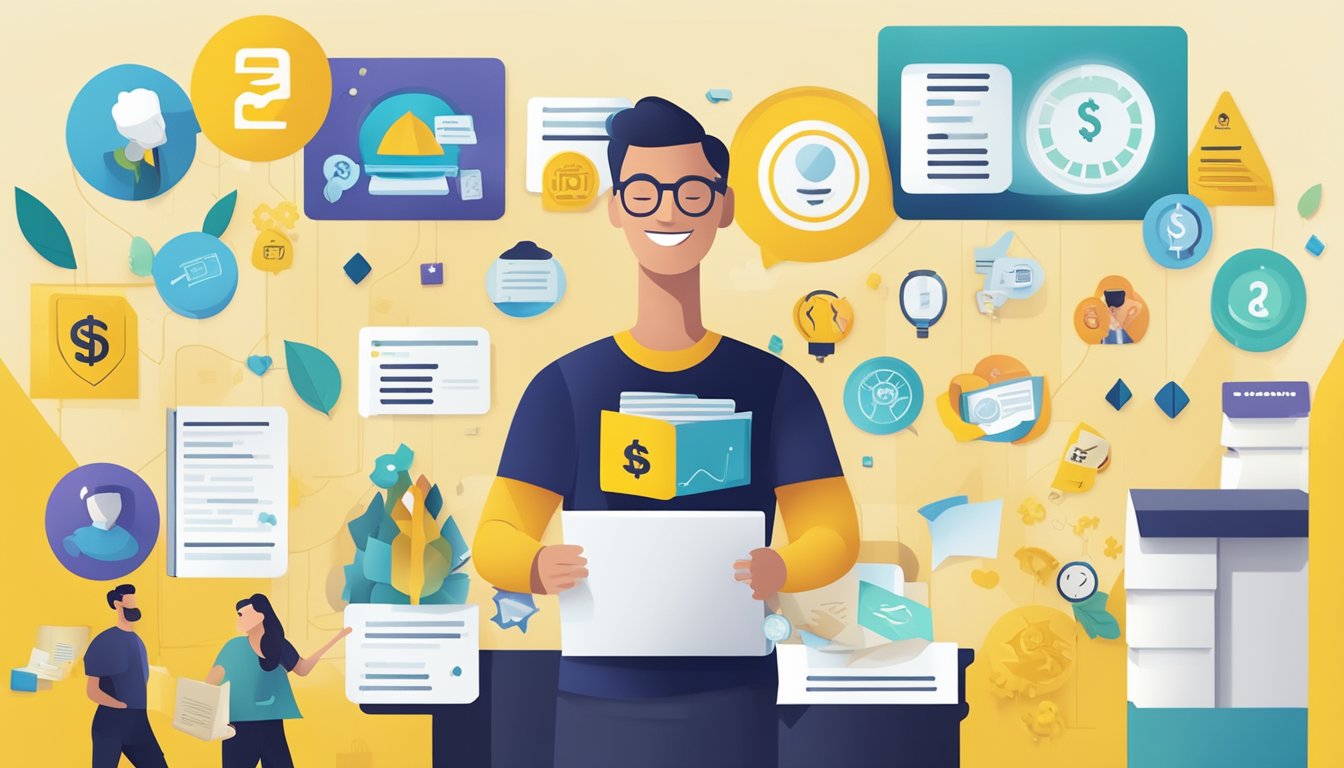 A person holding a Maybank personal loan brochure with a smiling face, surrounded by icons representing additional benefits and features such as low interest rates, flexible repayment options, and quick approval process