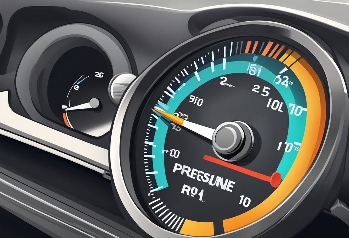 Engine oil pressure gauge reads low. Check engine light is on. Mechanic diagnosing under the hood with diagnostic tool