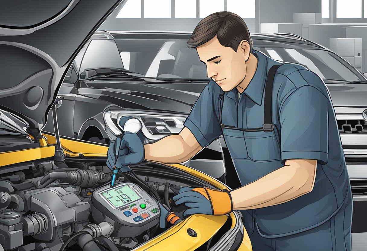 Engine oil pressure control diagnostic procedures: mechanic with diagnostic tool, examining engine components, checking oil pressure sensor, and analyzing error code P06DD