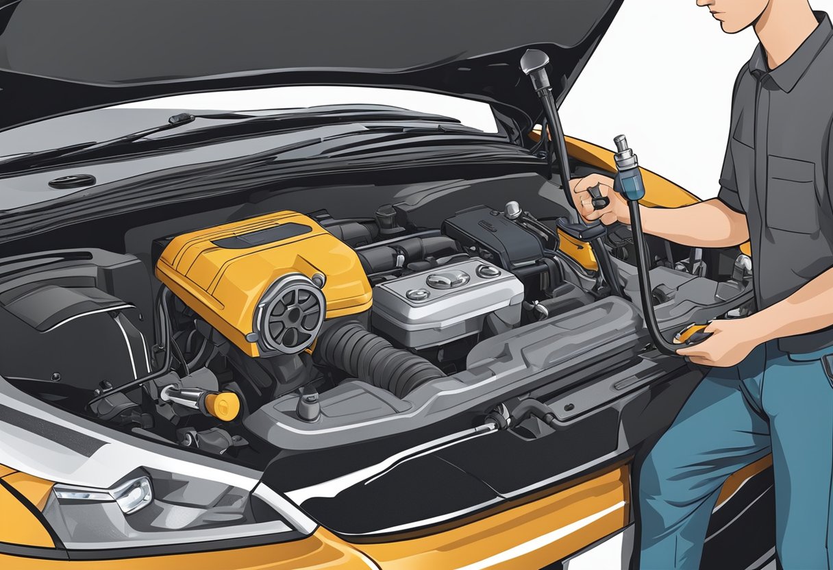 A mechanic examines a car engine with diagnostic tools, searching for the source of an oil pressure control issue