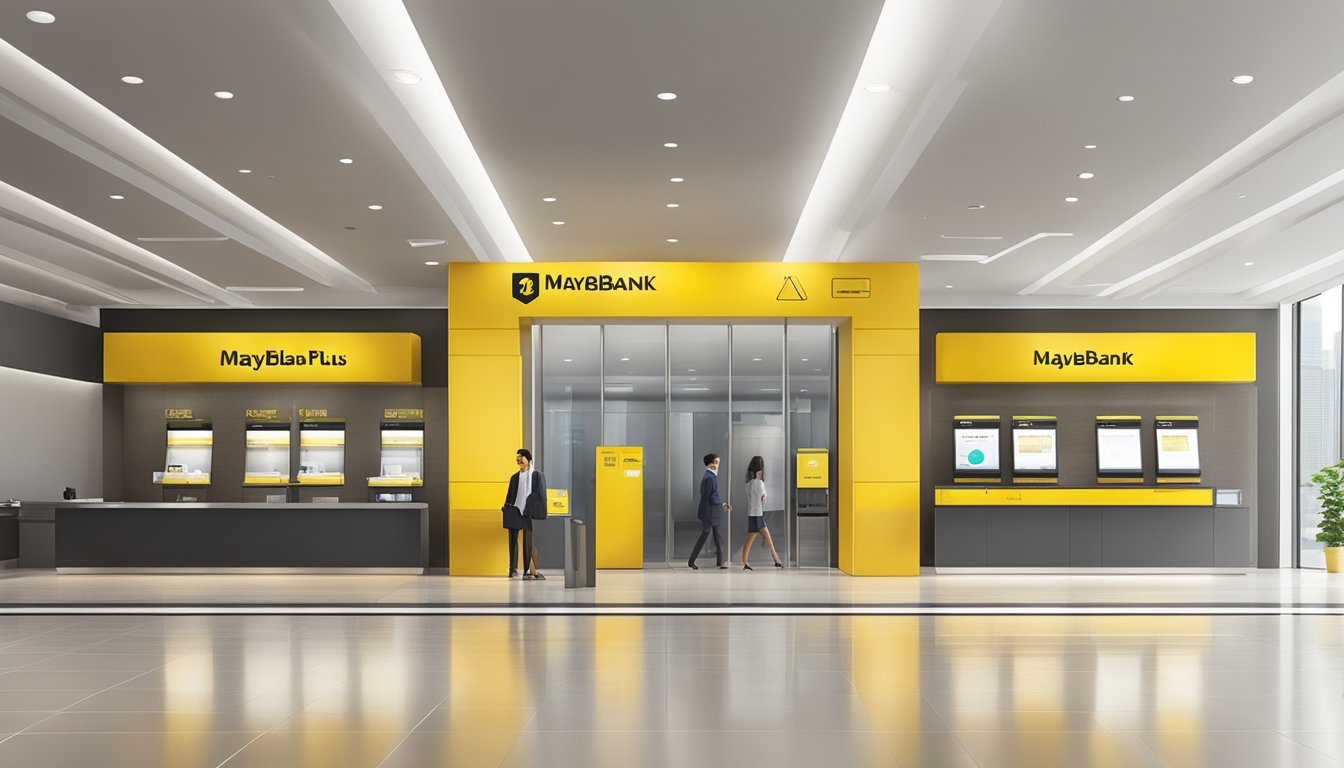 A sleek, modern bank branch in Singapore with a prominent display of the Maybank Privilege Plus Savings Account logo