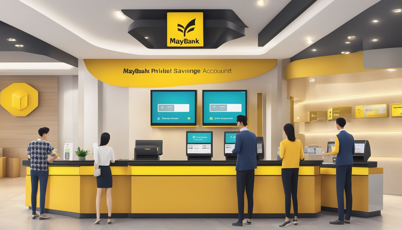 A modern bank branch with the Maybank logo prominently displayed, a sleek and professional-looking counter with a friendly teller assisting a customer, and digital screens showcasing the benefits of the Maybank Privilege Plus Savings Account