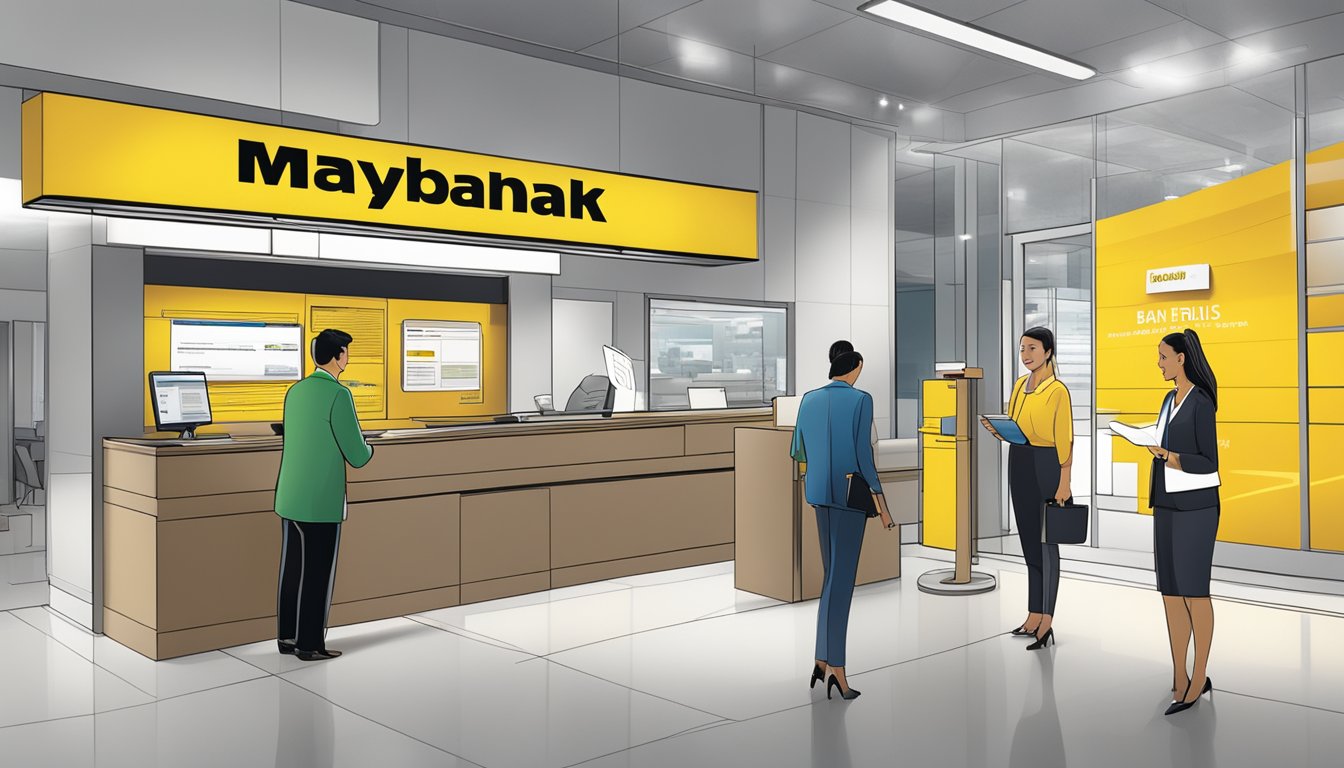 A customer fills out forms at a bank desk, with a representative assisting. The Maybank Privilege Plus Savings Account brochure is displayed prominently