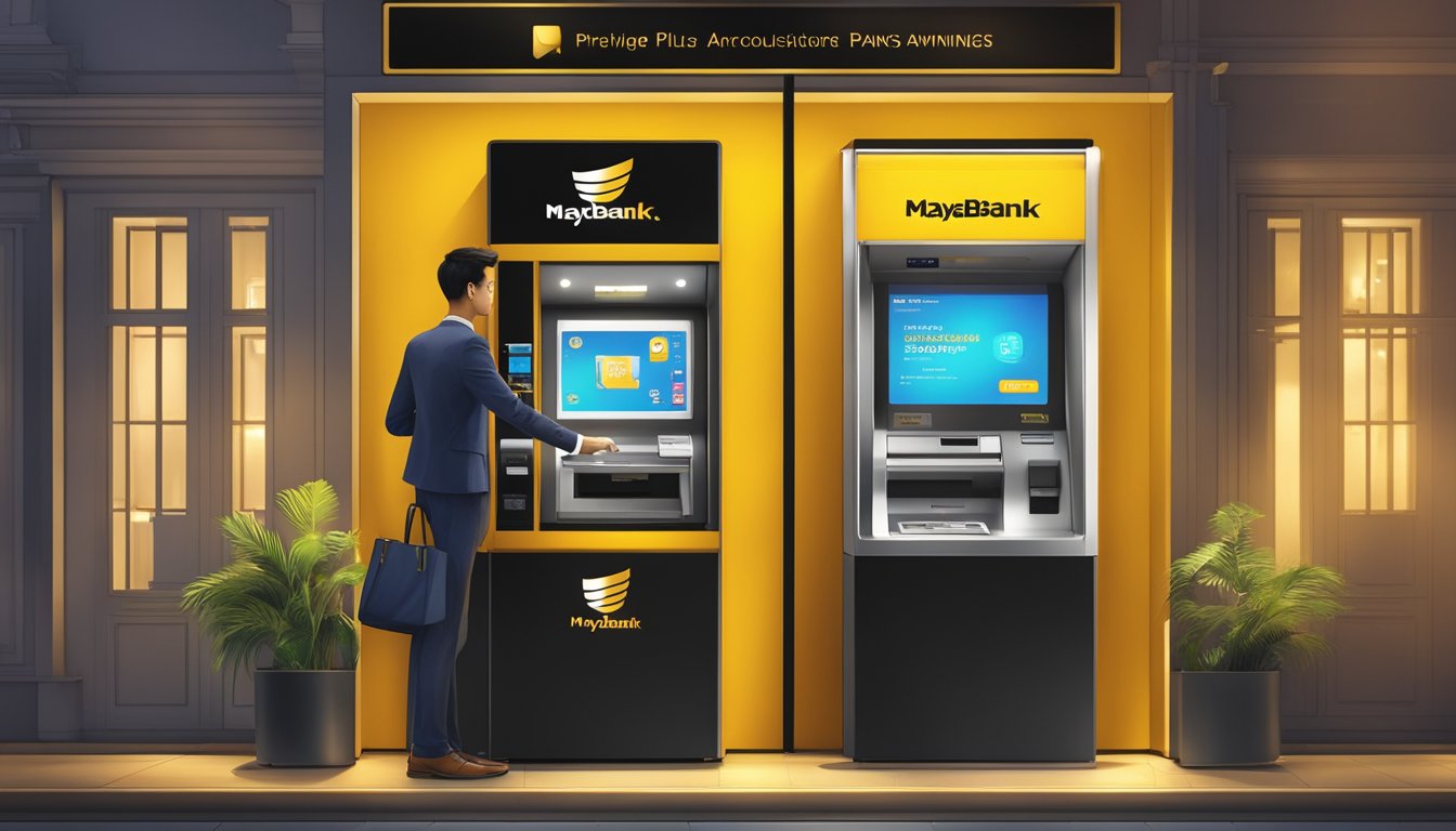 A vibrant bank logo shines on a sleek ATM machine, surrounded by a display of exclusive perks and services offered by Maybank Privilege Plus Savings Account in Singapore