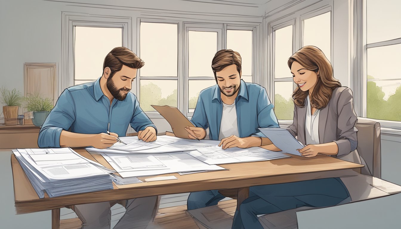 A couple sits at a table, reviewing documents with a bank representative. Blueprints and renovation plans are spread out, indicating a home improvement project
