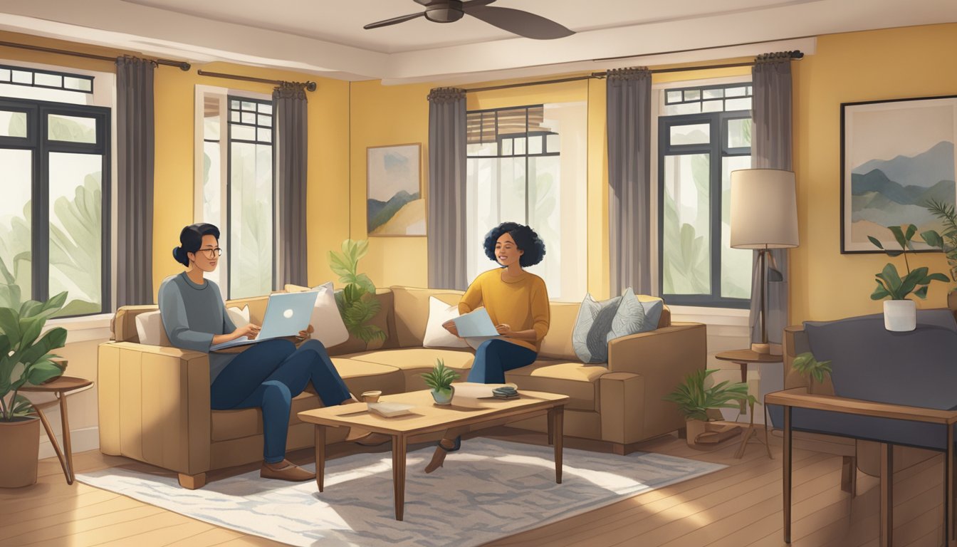 A couple discusses renovation loan options with a Maybank representative in a cozy living room setting