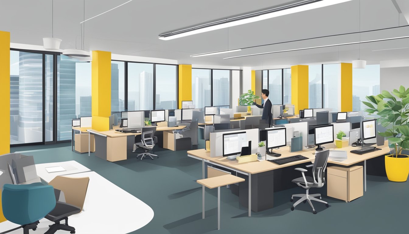 A customer service representative answers questions about Maybank renovation loans in a modern office setting