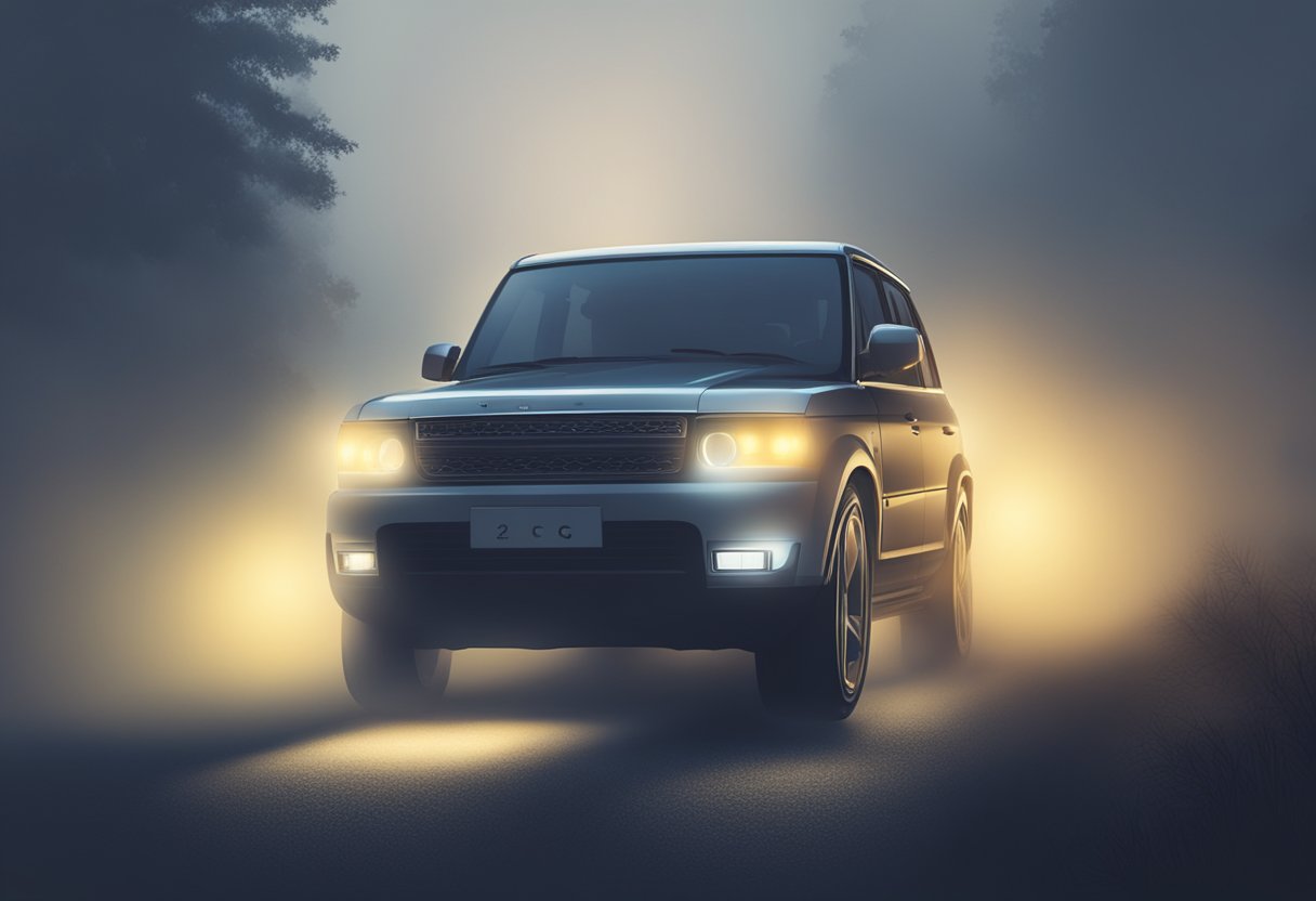 A car with fog lights on, driving through thick fog at night