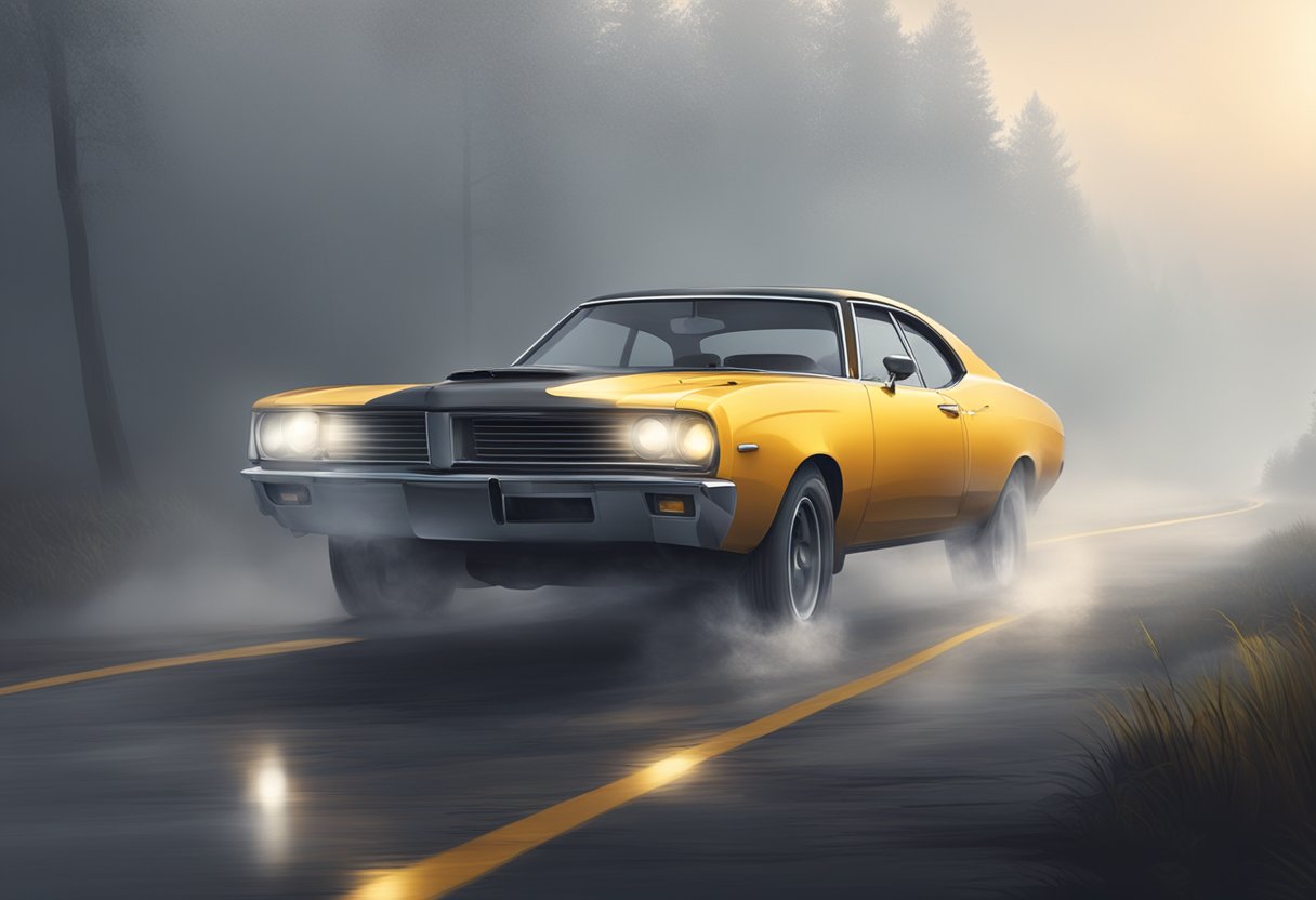 A car with fog lights on, driving through a thick foggy environment