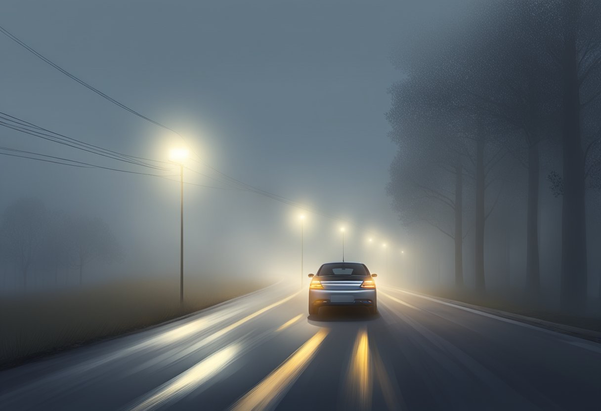 A car with fog lights turned on, illuminating the road ahead in a misty or foggy setting