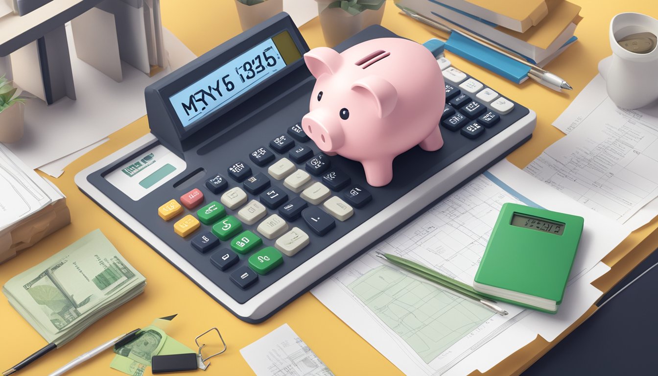 A piggy bank with the Maybank logo sits on a desk, surrounded by financial documents and a calculator