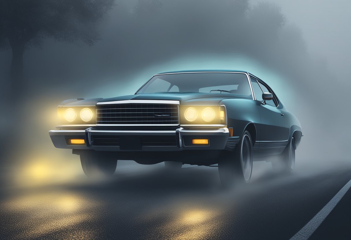 A car with fog lights on driving through dense fog on a dark road
