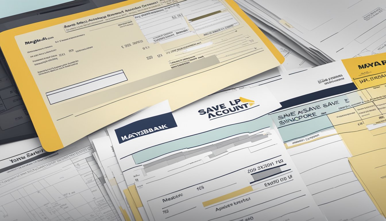 A stack of bank account statements labeled "Maybank Save Up Account Singapore" sits next to other financial documents