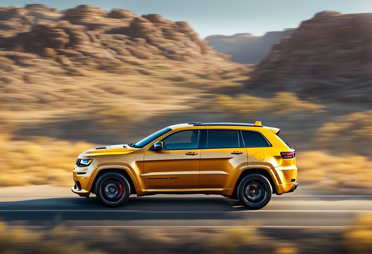 The Jeep Trackhawk roars down the open road, its sleek body cutting through the air. The powerful engine unleashes max speed, leaving a trail of dust in its wake