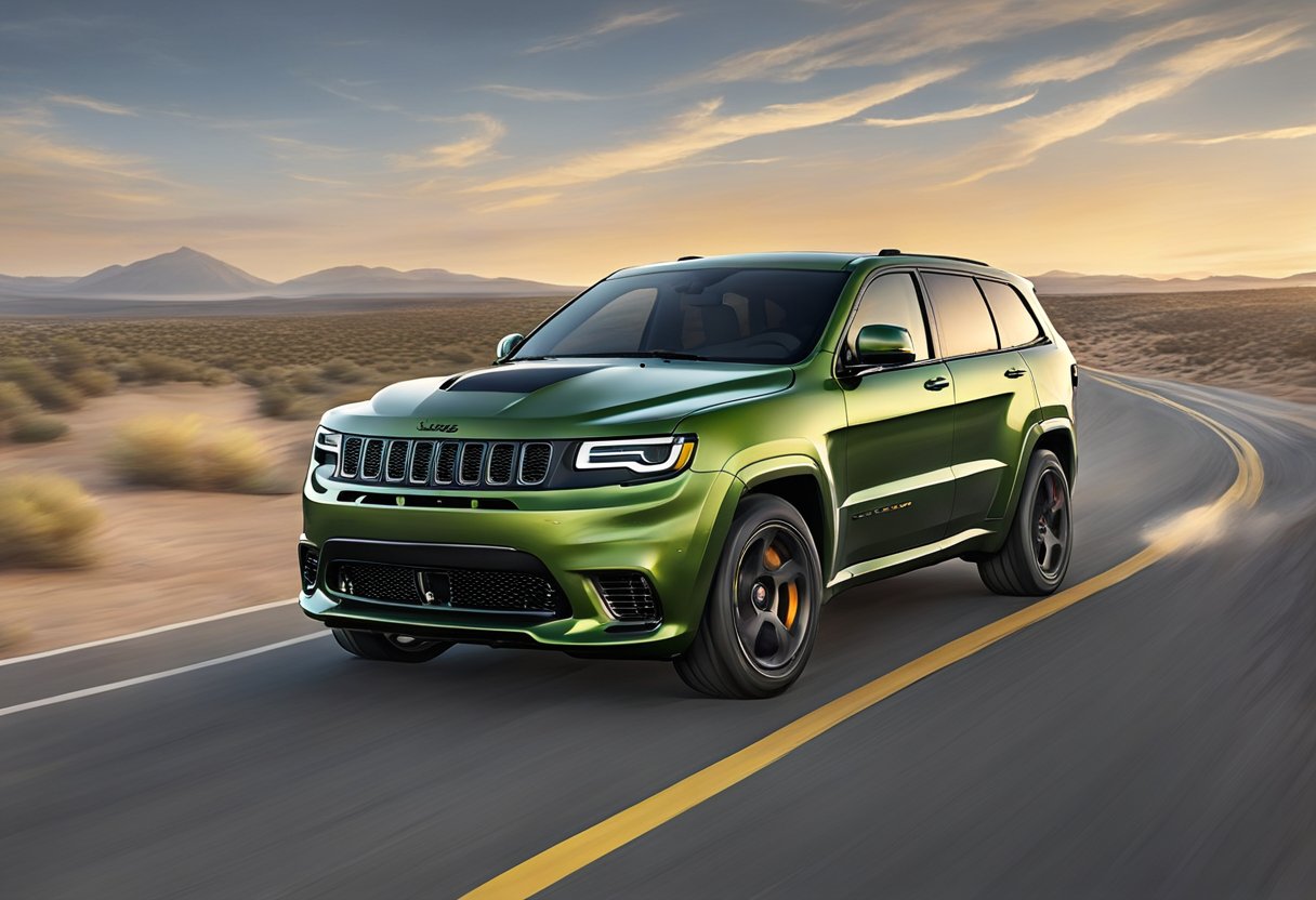 The Jeep Trackhawk roars down the open road, kicking up dust and leaving a trail of speed behind it. The sleek, powerful vehicle exudes strength and performance as it races through the landscape